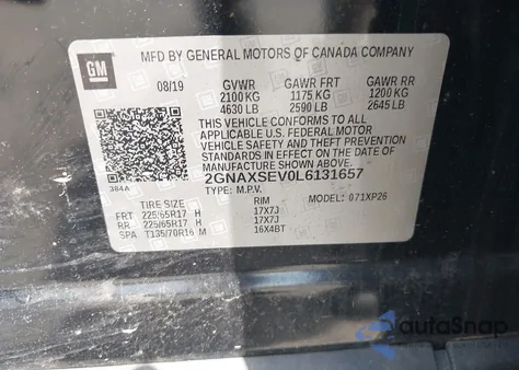 2020 Chevrolet Equinox Ls из США, поврежденный, VIN 2GNAXSEV0L6131657